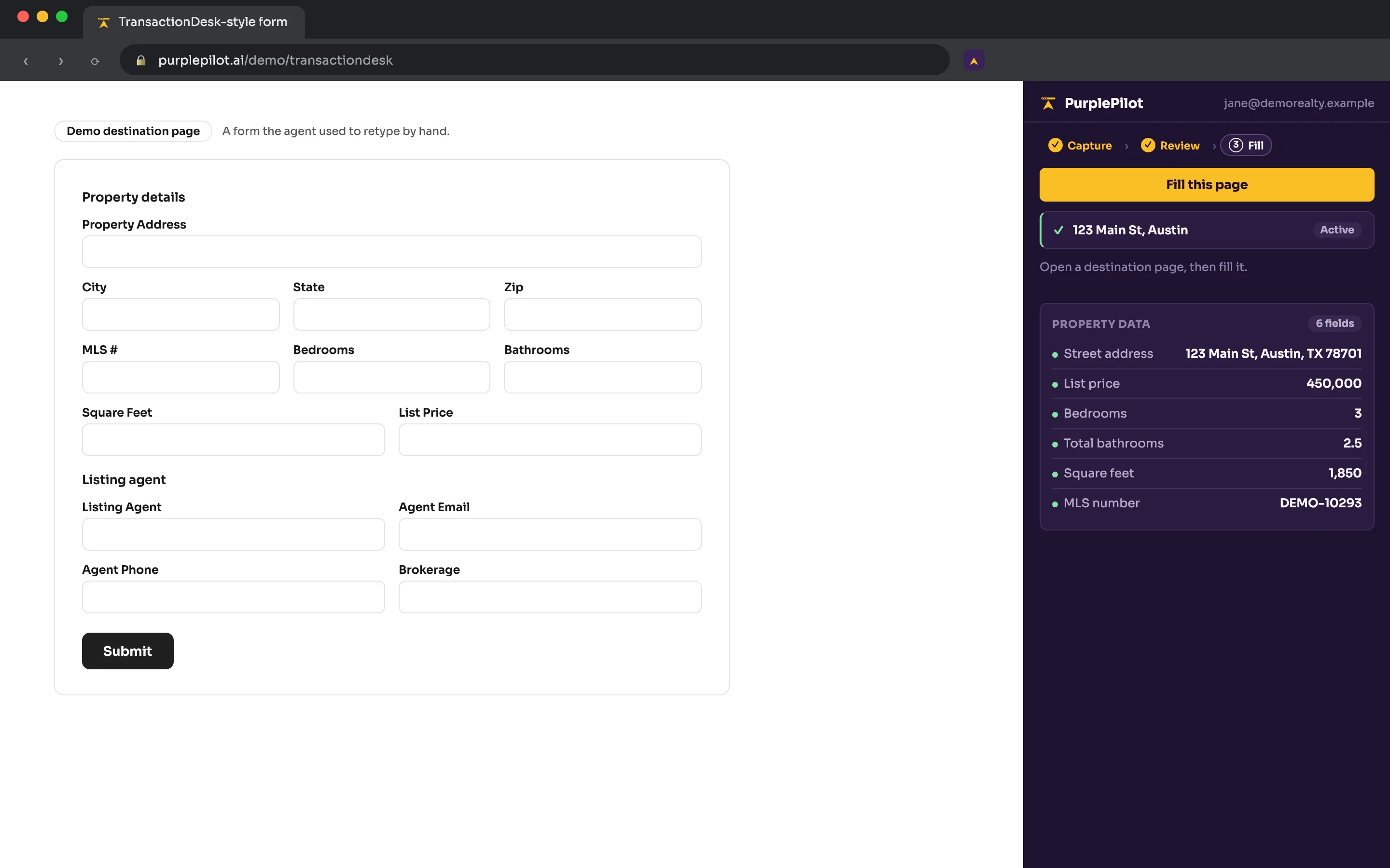 A destination form open in the browser with the side panel showing the saved property, ready to fill.
