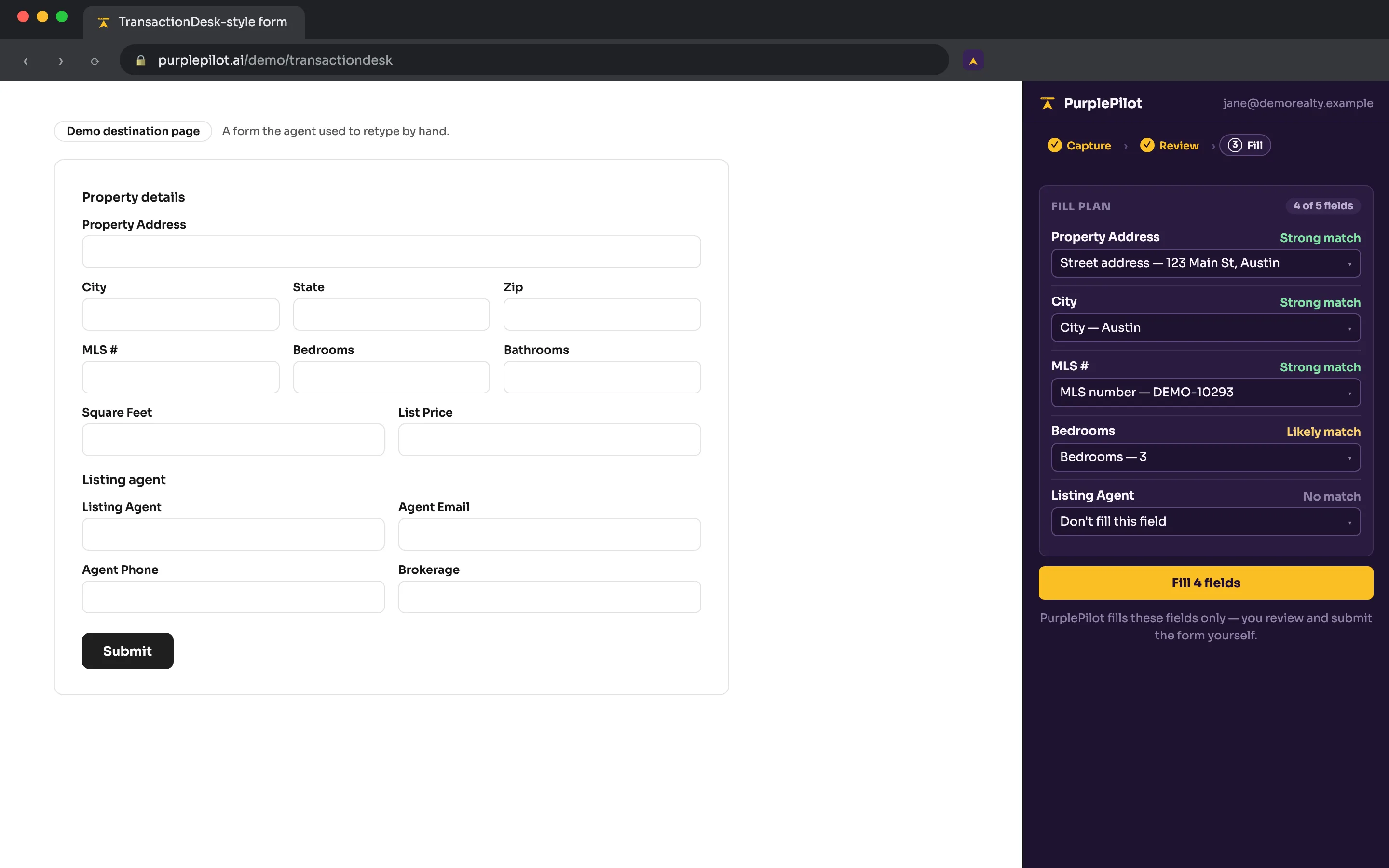 The side panel previewing a fill plan: each form field, its match confidence, and a dropdown to correct it.