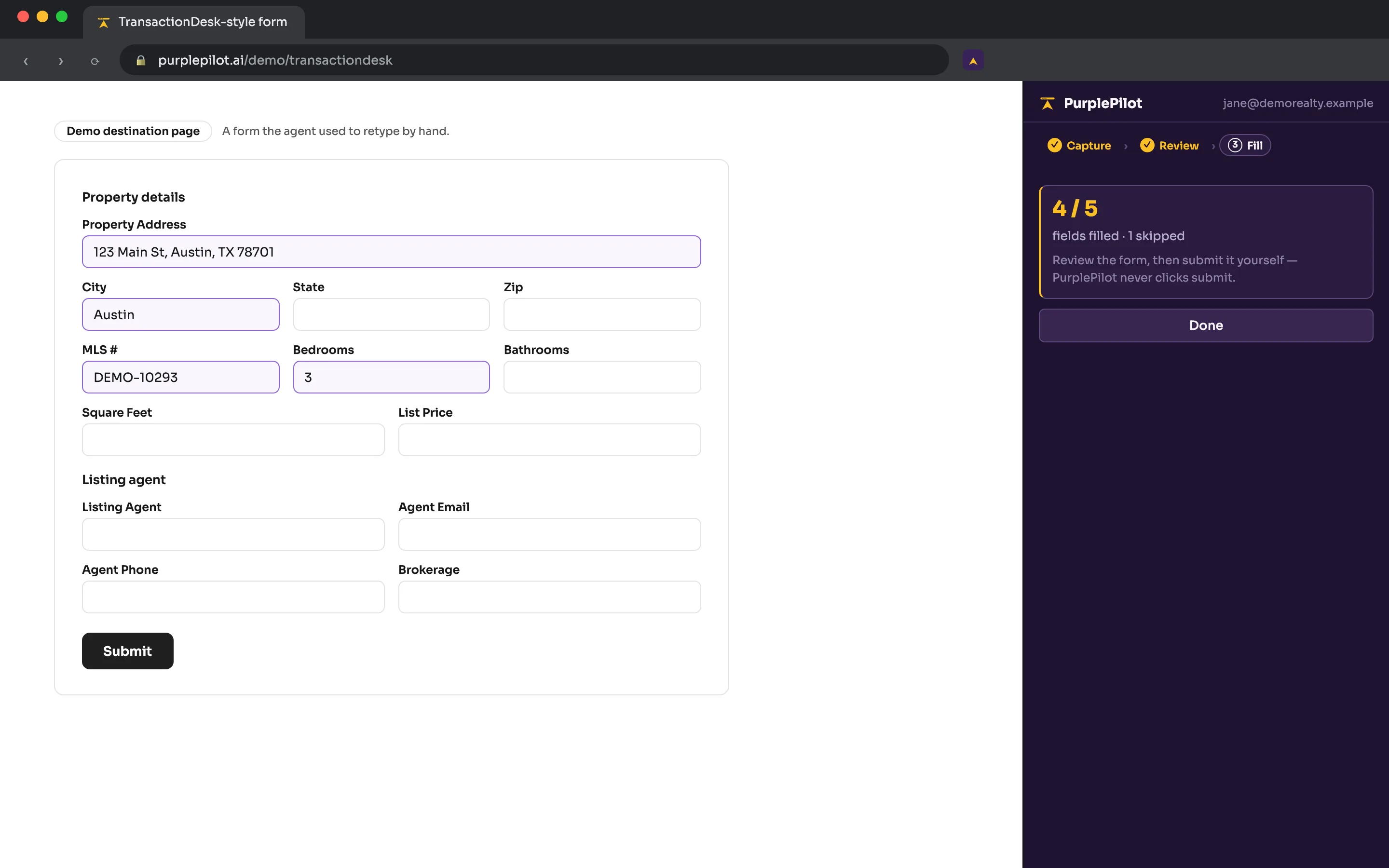 The destination form filled in, with the side panel reporting four of five fields filled and one skipped.